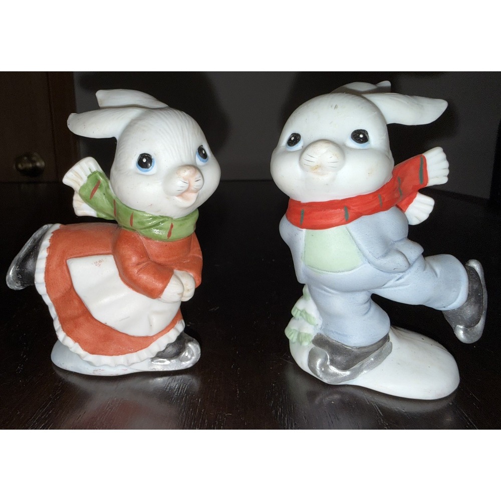 Vintage Homco 5305 Christmas Pair Bunny Rabbits Ice Skating 2 Figurines Ceramic